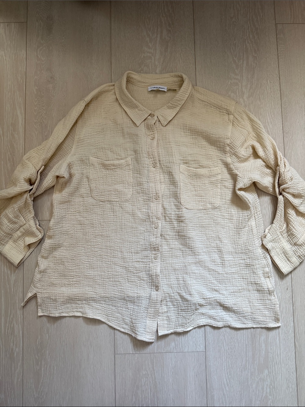 Calvin Klein Light Cream Button-Down Gauze Shirt - Picture 3 of 9